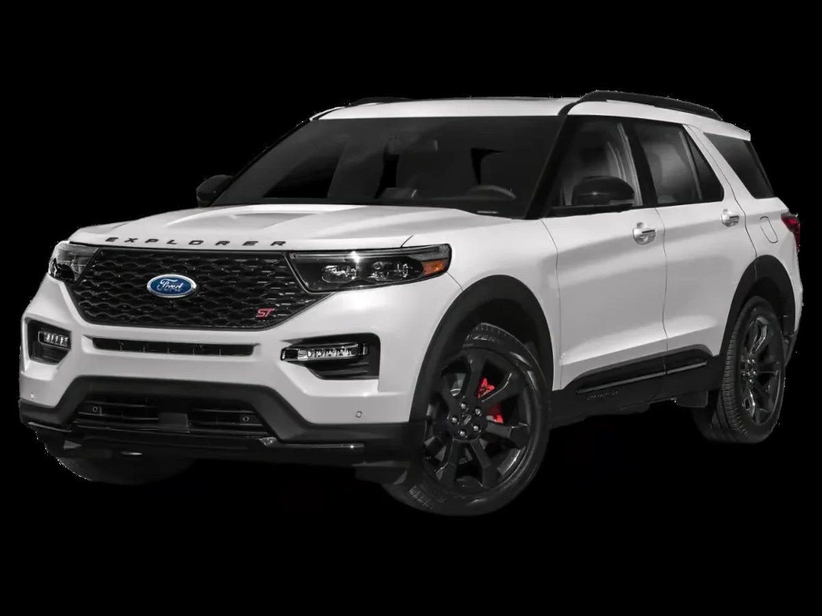 White Ford Explorer SUV with black accents and dark wheels on transparent background